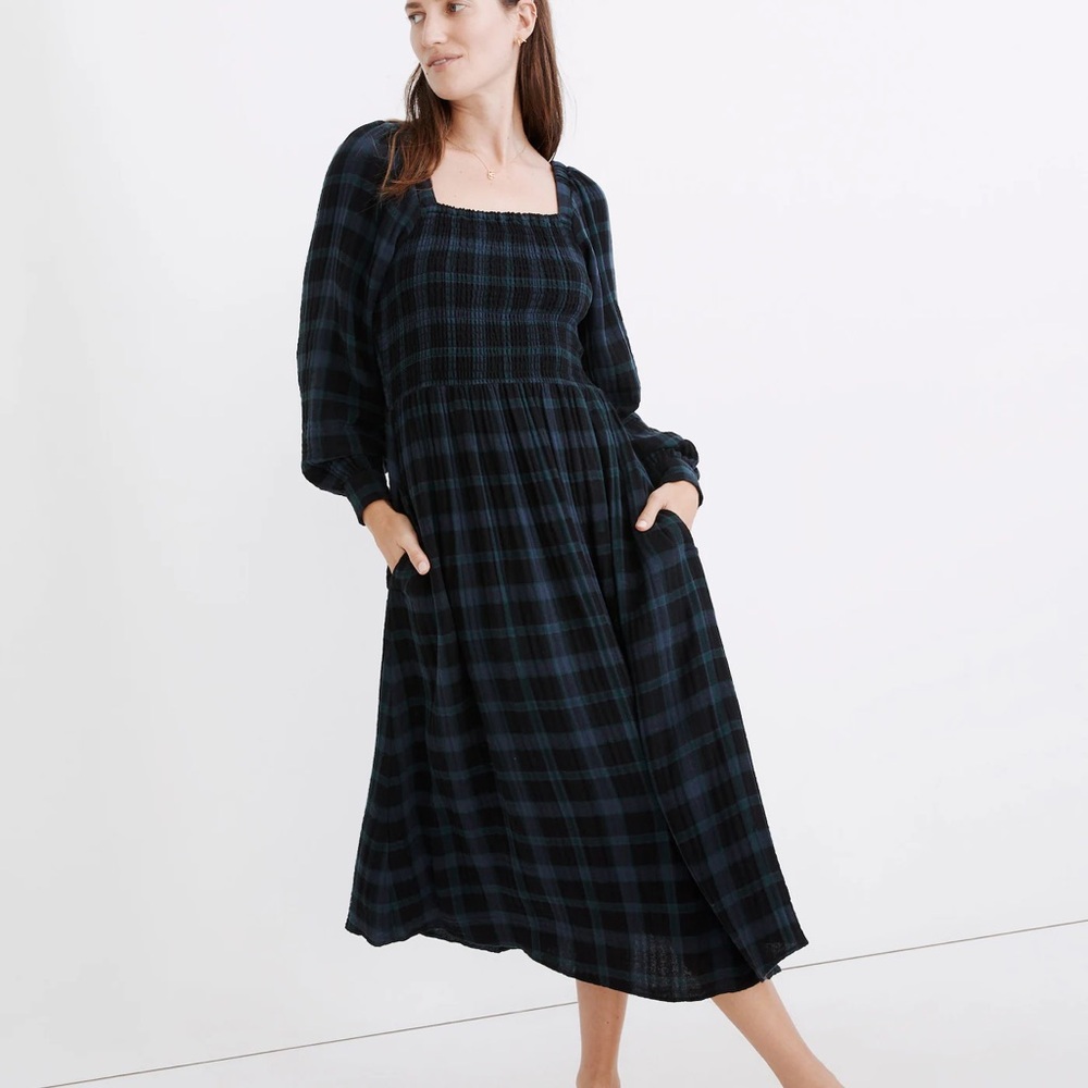 Madewell Plaid Smock Midi Dress with Pockets